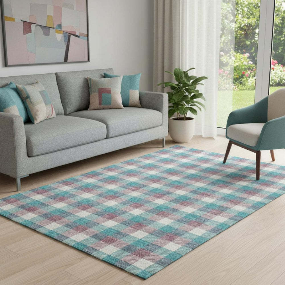 HomeRoots 5' X 8' Teal Blush Ivory Plaid Area Rug - Durable, Washable, UV-Protected, Pet-Friendly Comfort! 682591