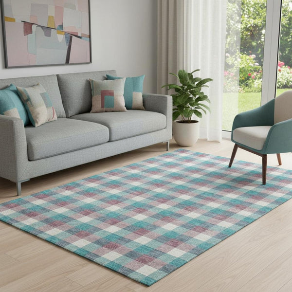 HomeRoots 5' X 8' Teal Blush Ivory Plaid Area Rug - Durable, Washable, UV-Protected, Pet-Friendly Comfort! 682591