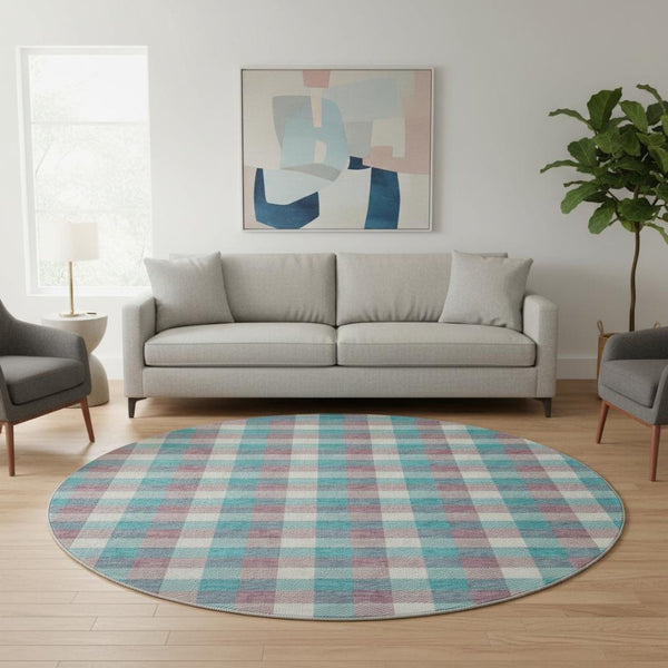 HomeRoots 8' Washable Round Rug in Teal, Blush & Ivory Plaid – UV Protection & Stain Resistant for Busy Homes 682592