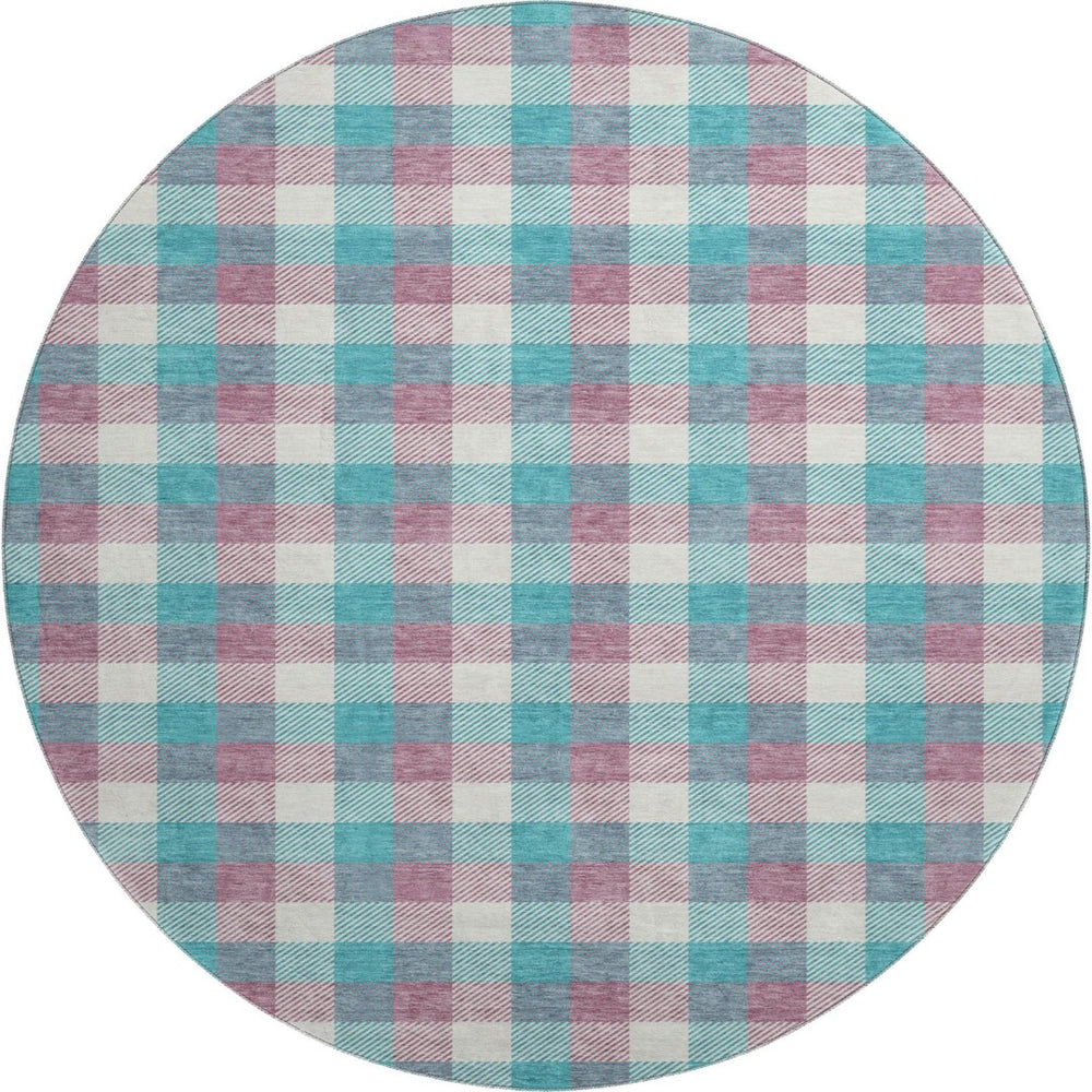 HomeRoots 8' Washable Round Rug in Teal, Blush & Ivory Plaid – UV Protection & Stain Resistant for Busy Homes 682592