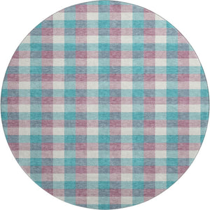 HomeRoots 8' Washable Round Rug in Teal, Blush & Ivory Plaid – UV Protection & Stain Resistant for Busy Homes 682592