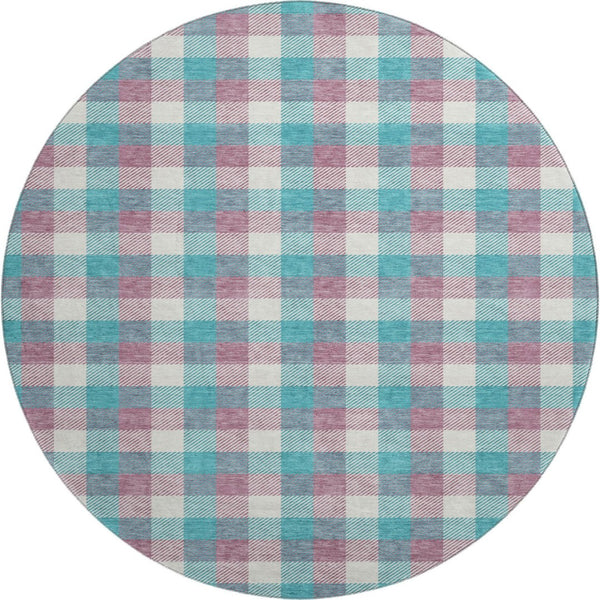 HomeRoots 8' Washable Round Rug in Teal, Blush & Ivory Plaid – UV Protection & Stain Resistant for Busy Homes 682592