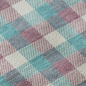 HomeRoots 8' Washable Round Rug in Teal, Blush & Ivory Plaid – UV Protection & Stain Resistant for Busy Homes 682592