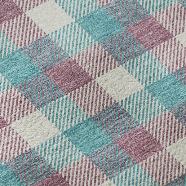 HomeRoots 8' Washable Round Rug in Teal, Blush & Ivory Plaid – UV Protection & Stain Resistant for Busy Homes 682592