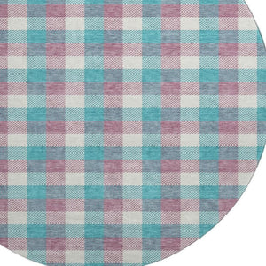 HomeRoots 8' Washable Round Rug in Teal, Blush & Ivory Plaid – UV Protection & Stain Resistant for Busy Homes 682592