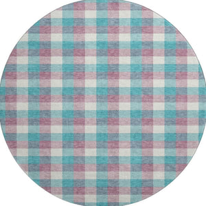HomeRoots 8' Washable Round Rug in Teal, Blush & Ivory Plaid – UV Protection & Stain Resistant for Busy Homes 682592