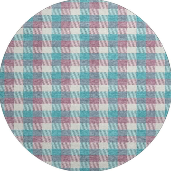 HomeRoots 8' Washable Round Rug in Teal, Blush & Ivory Plaid – UV Protection & Stain Resistant for Busy Homes 682592