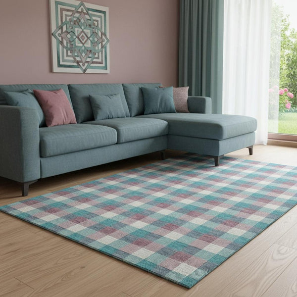 HomeRoots 8' X 10' Teal Blush & Ivory Plaid Washable Area Rug with UV Protection for Stylish, Durable Living Spaces 682593