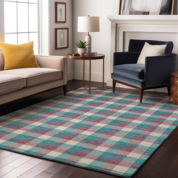 HomeRoots 9' X 12' Teal Blush Ivory Plaid Washable Area Rug - Stain Resistant, UV Protected, Easy Care Design 682594