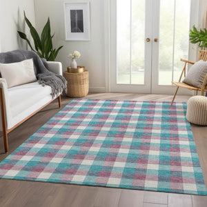 HomeRoots 9' X 12' Teal Blush Ivory Plaid Washable Area Rug - Stain Resistant, UV Protected, Easy Care Design 682594