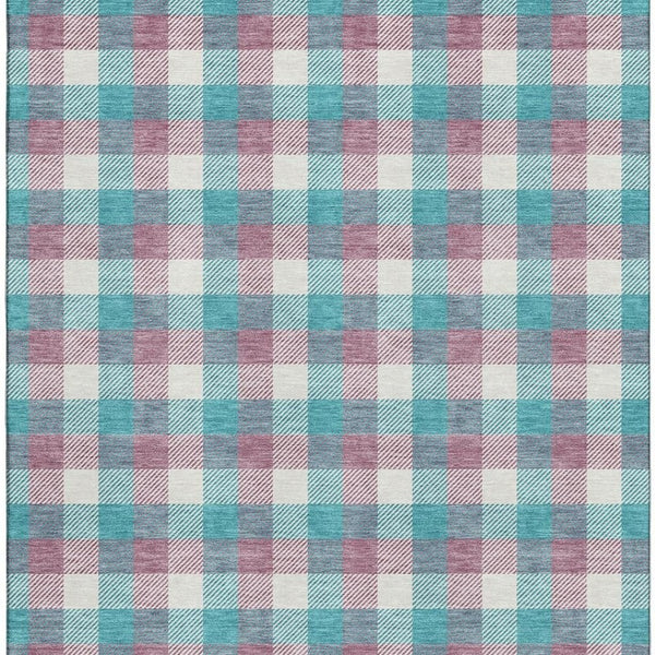 HomeRoots 9' X 12' Teal Blush Ivory Plaid Washable Area Rug - Stain Resistant, UV Protected, Easy Care Design 682594
