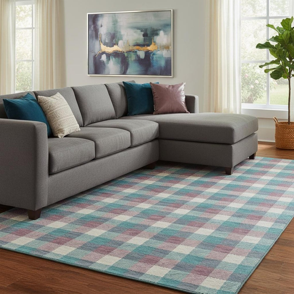 HomeRoots 10' X 14' Teal Blush Ivory Plaid Area Rug - Washable, UV-Protected & Perfect for Busy Homes! 682595