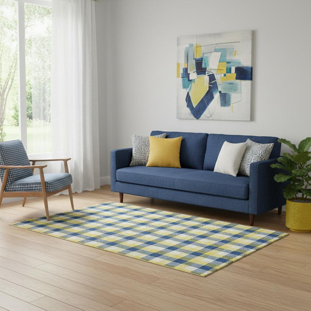 HomeRoots 5' X 8' Cheerful Yellow, Navy Blue & Ivory Plaid Washable Area Rug with UV Protection & Durability 682597