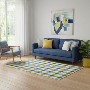 HomeRoots 5' X 8' Cheerful Yellow, Navy Blue & Ivory Plaid Washable Area Rug with UV Protection & Durability 682597