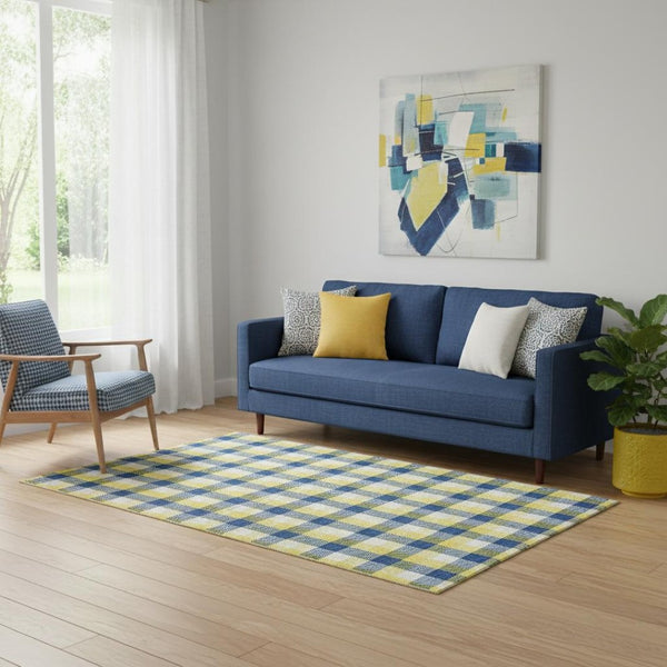 HomeRoots 5' X 8' Cheerful Yellow, Navy Blue & Ivory Plaid Washable Area Rug with UV Protection & Durability 682597