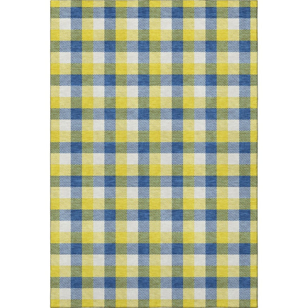 HomeRoots 5' X 8' Cheerful Yellow, Navy Blue & Ivory Plaid Washable Area Rug with UV Protection & Durability 682597