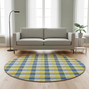HomeRoots 8' Stylish Yellow, Navy Blue & Ivory Plaid Washable Round Rug with UV Defense for High-Traffic Homes 682598