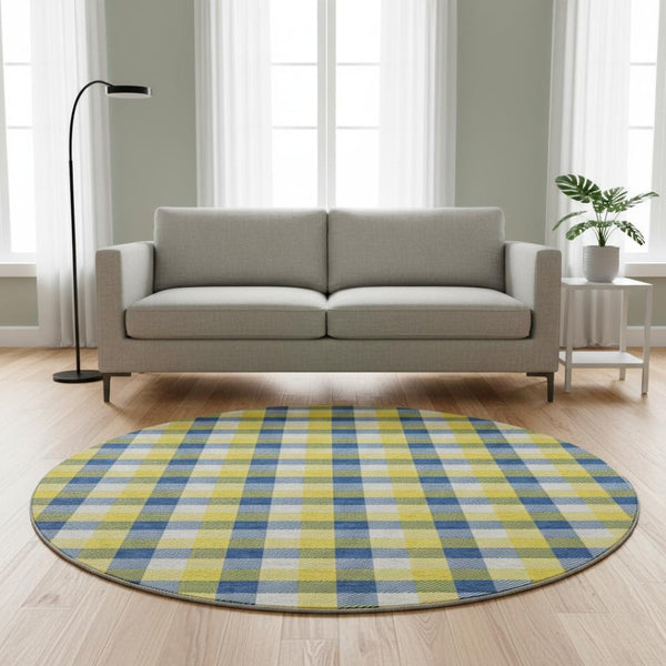 HomeRoots 8' Stylish Yellow, Navy Blue & Ivory Plaid Washable Round Rug with UV Defense for High-Traffic Homes 682598