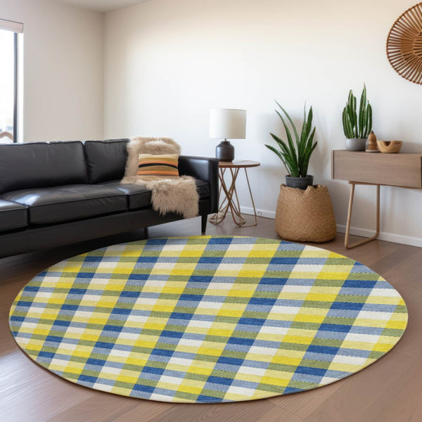 HomeRoots 8' Stylish Yellow, Navy Blue & Ivory Plaid Washable Round Rug with UV Defense for High-Traffic Homes 682598