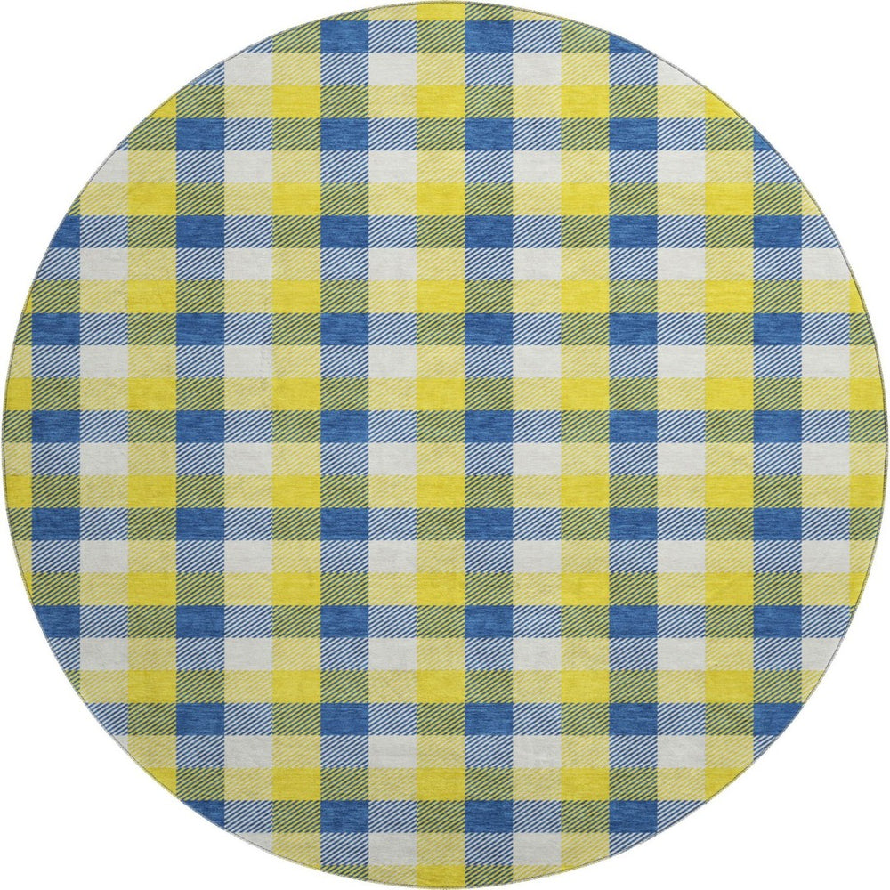 HomeRoots 8' Stylish Yellow, Navy Blue & Ivory Plaid Washable Round Rug with UV Defense for High-Traffic Homes 682598