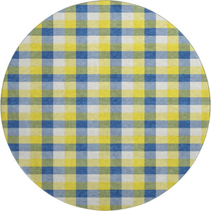 HomeRoots 8' Stylish Yellow, Navy Blue & Ivory Plaid Washable Round Rug with UV Defense for High-Traffic Homes 682598