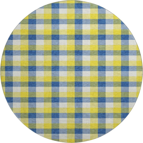 HomeRoots 8' Stylish Yellow, Navy Blue & Ivory Plaid Washable Round Rug with UV Defense for High-Traffic Homes 682598