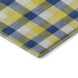 HomeRoots 8' Stylish Yellow, Navy Blue & Ivory Plaid Washable Round Rug with UV Defense for High-Traffic Homes 682598