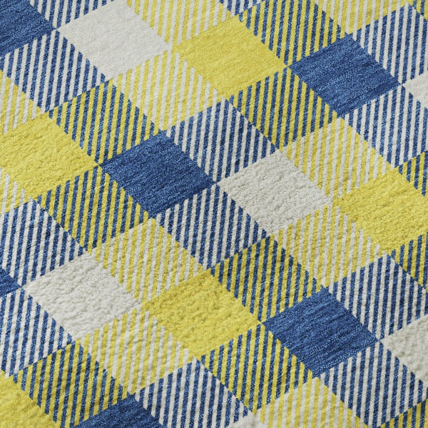 HomeRoots 8' Stylish Yellow, Navy Blue & Ivory Plaid Washable Round Rug with UV Defense for High-Traffic Homes 682598