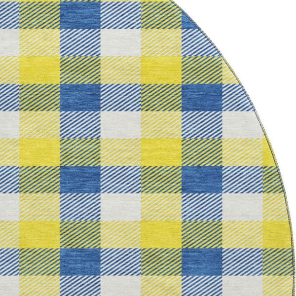 HomeRoots 8' Stylish Yellow, Navy Blue & Ivory Plaid Washable Round Rug with UV Defense for High-Traffic Homes 682598
