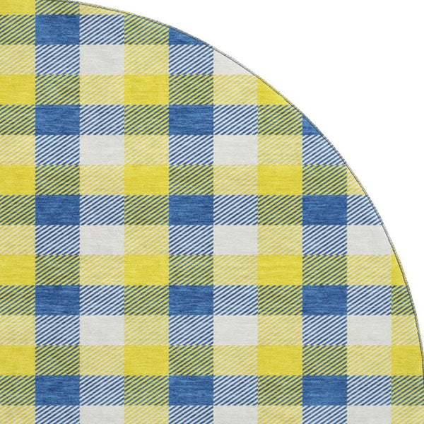 HomeRoots 8' Stylish Yellow, Navy Blue & Ivory Plaid Washable Round Rug with UV Defense for High-Traffic Homes 682598