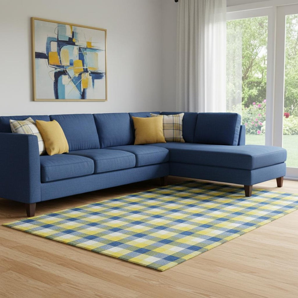 HomeRoots 8' X 10' Washable Plaid Area Rug in Yellow, Navy Blue & Ivory - UV Protected, Durable & Stylish Decor 682599