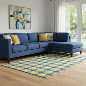 HomeRoots 8' X 10' Washable Plaid Area Rug in Yellow, Navy Blue & Ivory - UV Protected, Durable & Stylish Decor 682599