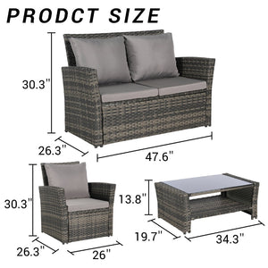 English Elm 4 Piece Outdoor Pe Rattan Wicker Patio Set with Tempered Glass Table Poolside Dark Gray W874P266299