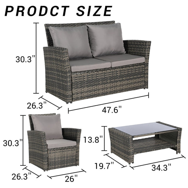 English Elm 4 Piece Outdoor Pe Rattan Wicker Patio Set with Tempered Glass Table Poolside Dark Gray W874P266299