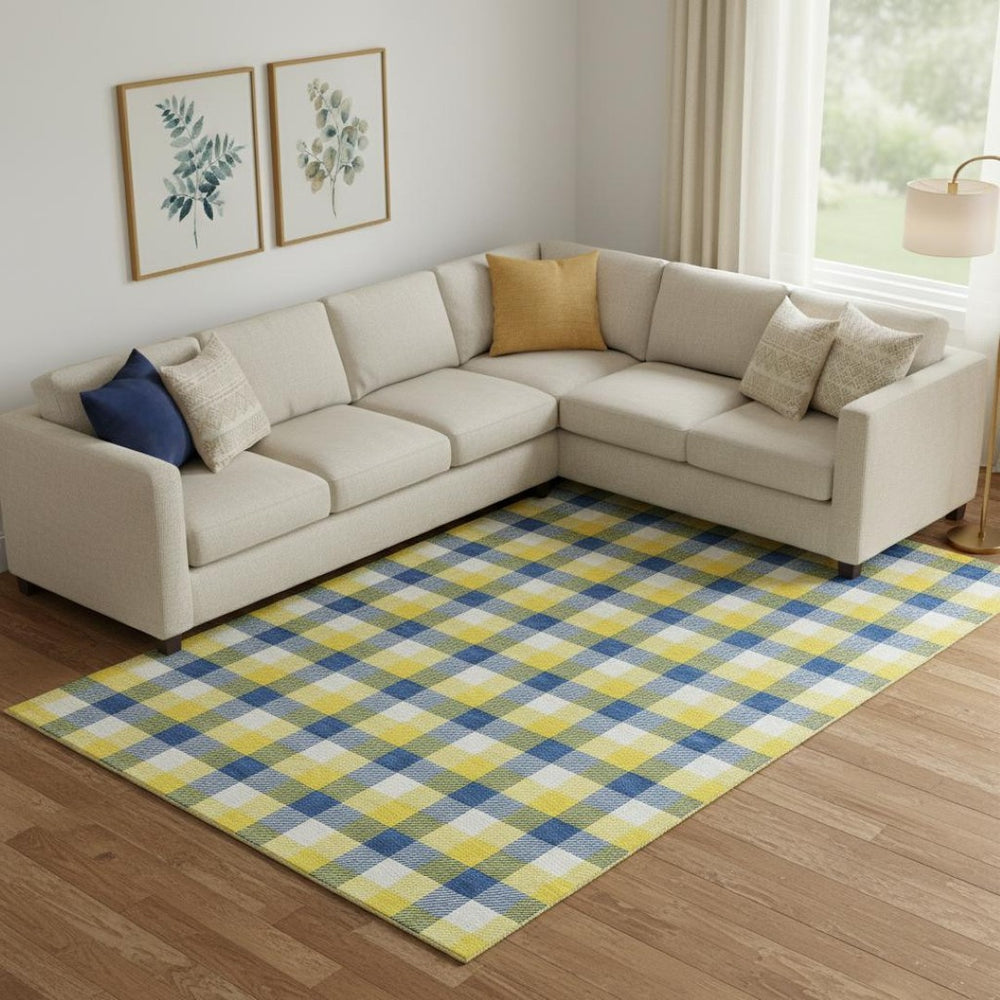 HomeRoots 9' X 12' Stylish Yellow, Navy Blue & Ivory Plaid Area Rug - Washable, Stain Resistant & UV Protected! 682600