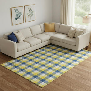 HomeRoots 9' X 12' Stylish Yellow, Navy Blue & Ivory Plaid Area Rug - Washable, Stain Resistant & UV Protected! 682600
