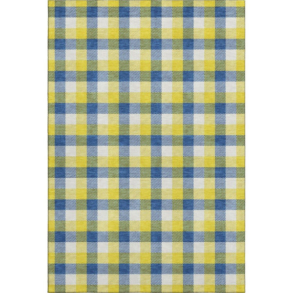 HomeRoots 9' X 12' Stylish Yellow, Navy Blue & Ivory Plaid Area Rug - Washable, Stain Resistant & UV Protected! 682600