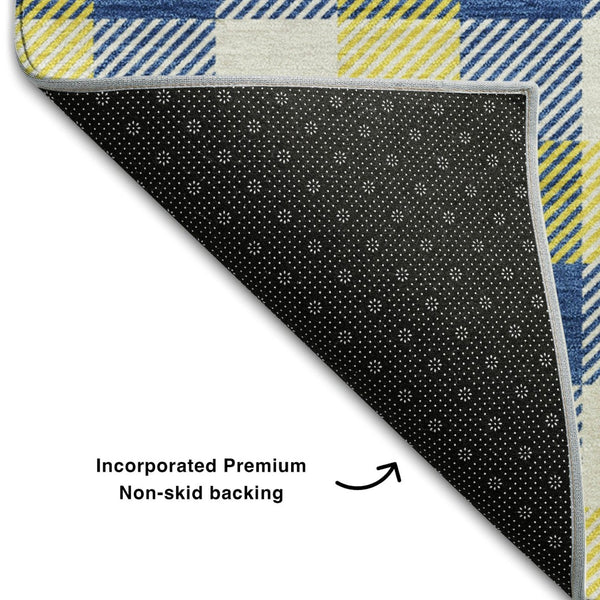 HomeRoots 9' X 12' Stylish Yellow, Navy Blue & Ivory Plaid Area Rug - Washable, Stain Resistant & UV Protected! 682600