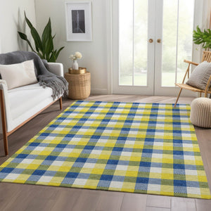 HomeRoots 9' X 12' Stylish Yellow, Navy Blue & Ivory Plaid Area Rug - Washable, Stain Resistant & UV Protected! 682600