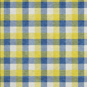HomeRoots 9' X 12' Stylish Yellow, Navy Blue & Ivory Plaid Area Rug - Washable, Stain Resistant & UV Protected! 682600