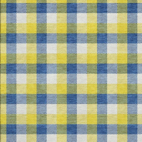HomeRoots 9' X 12' Stylish Yellow, Navy Blue & Ivory Plaid Area Rug - Washable, Stain Resistant & UV Protected! 682600