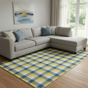 HomeRoots 10' X 14' Washable Plaid Area Rug in Yellow, Navy Blue & Ivory - UV Protected, Durable & Stylish! 682601