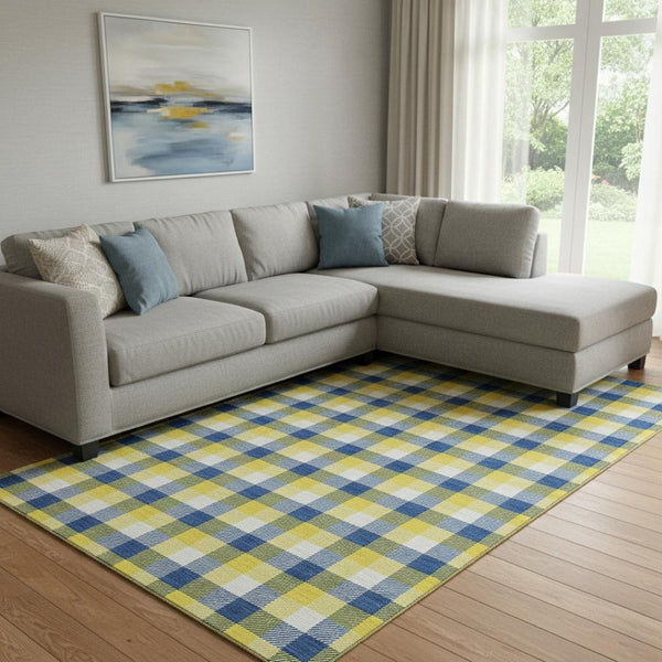 HomeRoots 10' X 14' Washable Plaid Area Rug in Yellow, Navy Blue & Ivory - UV Protected, Durable & Stylish! 682601