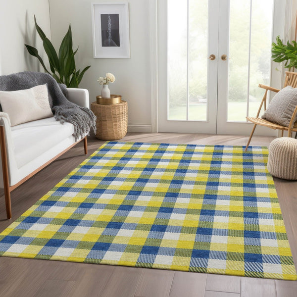 HomeRoots 10' X 14' Washable Plaid Area Rug in Yellow, Navy Blue & Ivory - UV Protected, Durable & Stylish! 682601