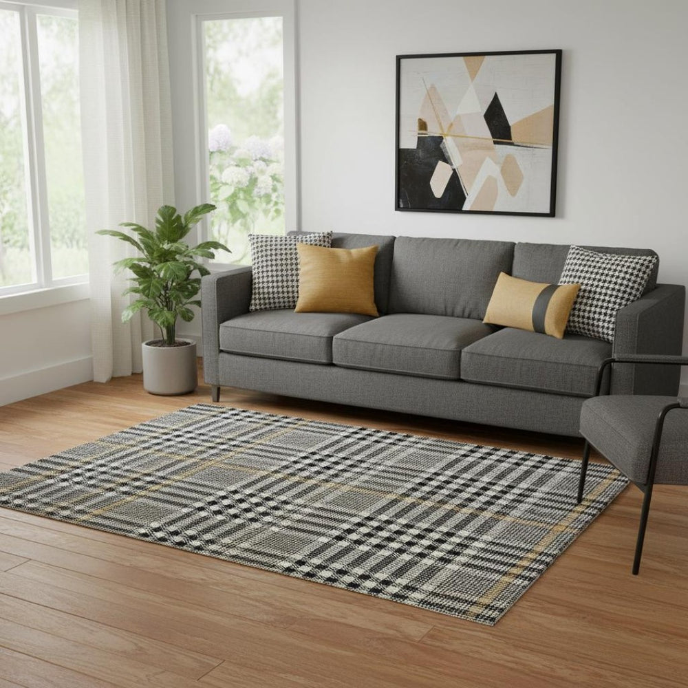 HomeRoots 5' X 8' Washable Black, Ivory & Gold Plaid Area Rug with UV Protection for High-Traffic Homes 682603