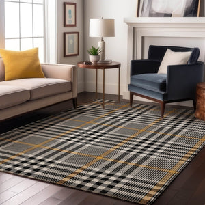 HomeRoots 5' X 8' Washable Black, Ivory & Gold Plaid Area Rug with UV Protection for High-Traffic Homes 682603