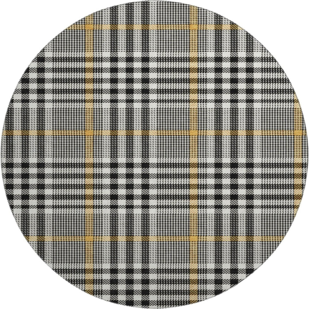 HomeRoots 8' Black Ivory and Gold Plaid Round Rug - Washable, UV Protected, Durable for High-Traffic Areas 682604