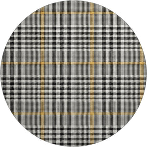 HomeRoots 8' Black Ivory and Gold Plaid Round Rug - Washable, UV Protected, Durable for High-Traffic Areas 682604