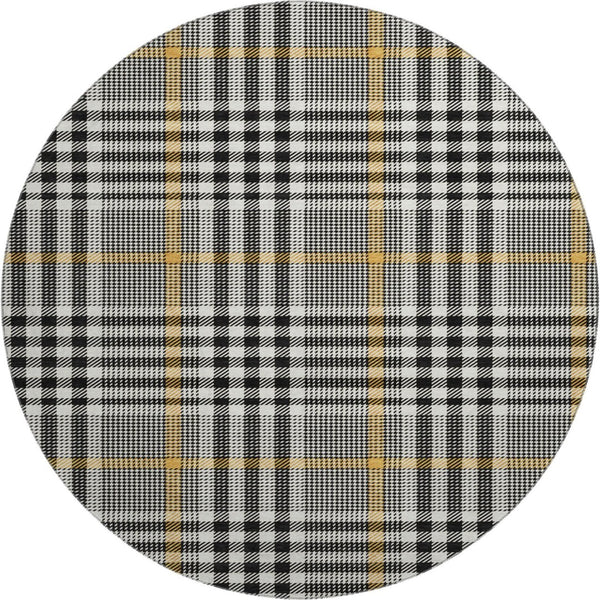 HomeRoots 8' Black Ivory and Gold Plaid Round Rug - Washable, UV Protected, Durable for High-Traffic Areas 682604