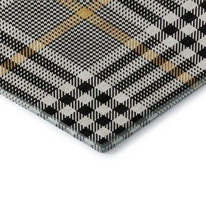 HomeRoots 8' Black Ivory and Gold Plaid Round Rug - Washable, UV Protected, Durable for High-Traffic Areas 682604
